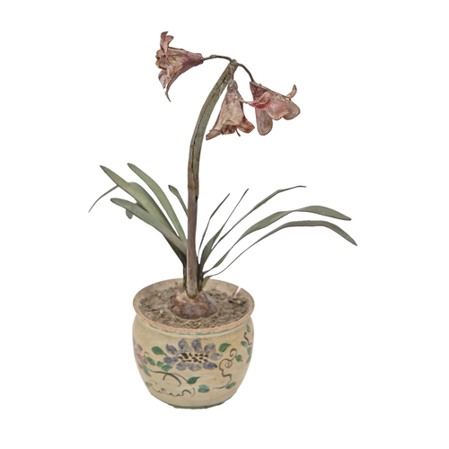 714 - A fine miniature model of a lily in green pot, by Beatrice Hindley, 1920s, principally of painted wo... 