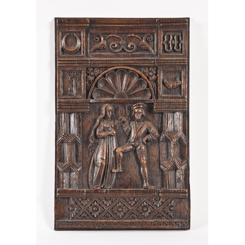 725 - A resin reproduction of a 16th century-style carved oak panel, 20th c, 49.5 x 32cm, impressed An Oak... 