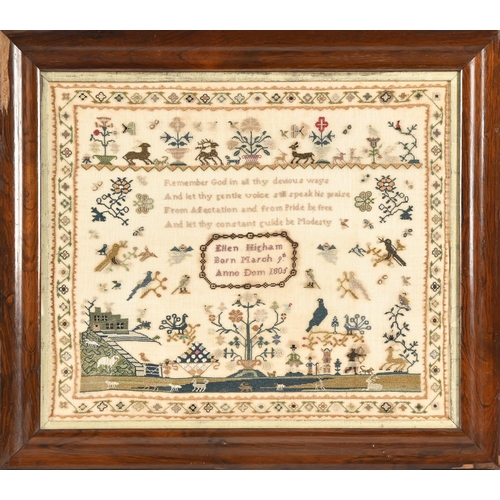 726 - A George III sampler, Ellen Higham Born March 9th Anno Dom 1805, worked in cotton threads with birds... 