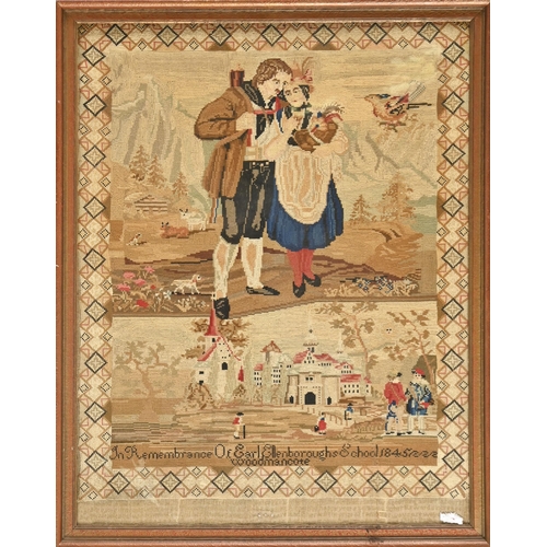 727 - A Victorian needlework of a man and woman and a school, dated 1845, In Remembrance of Earl Ellenboro... 