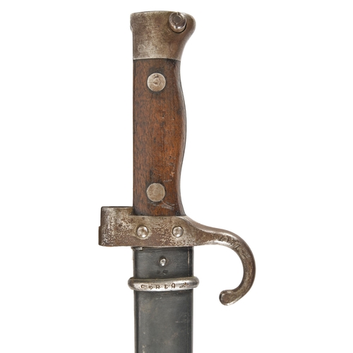 731 - A French M1892 Mannlicher Berthier bayonet and sheath and leather hanger