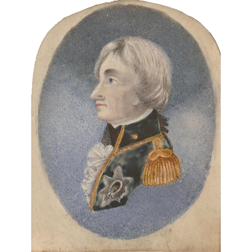 759 - English School, mid 19th century - Portrait Miniature of Lord Nelson, on card, with old handwritten ... 