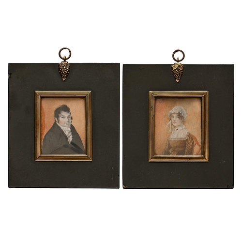 760 - English School, 19th century - Portrait Miniatures of Mr & Mrs John Culverhouse, a pair, seated ... 