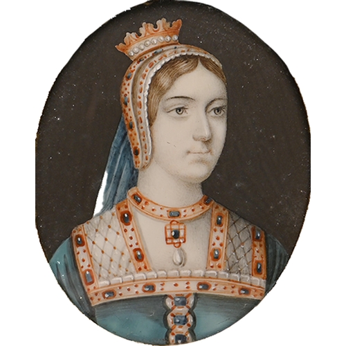 764 - English School, 19th century - Portrait Miniature of Queen Catherine Howard, ivory, oval 57mm, brass... 