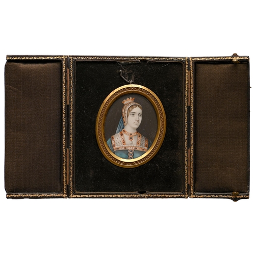 764 - English School, 19th century - Portrait Miniature of Queen Catherine Howard, ivory, oval 57mm, brass... 