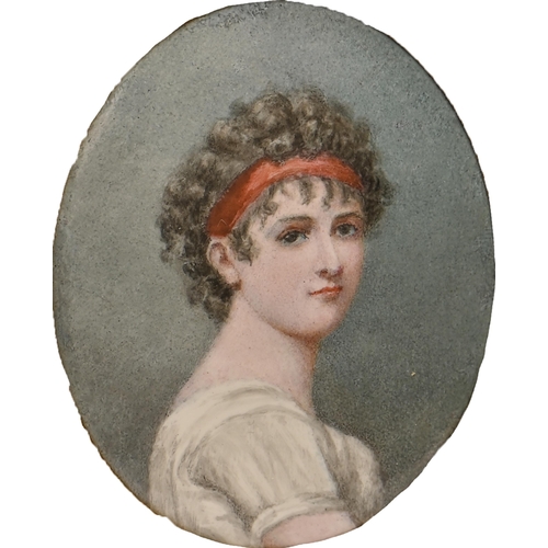 765 - French School, late 19th century - Portrait Miniature of a Young Woman, in a white dress, her curly ... 