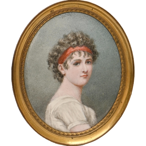 765 - French School, late 19th century - Portrait Miniature of a Young Woman, in a white dress, her curly ... 