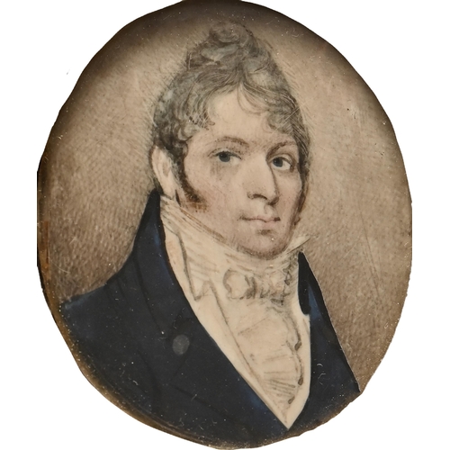 766 - English School, early 19th century - Portrait Miniature of a Young Man, in white stock and navy coat... 