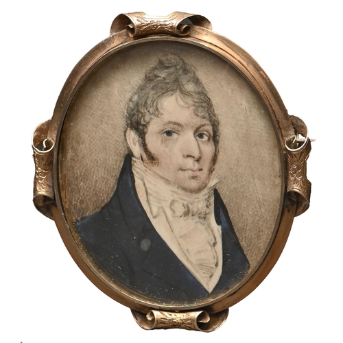 766 - English School, early 19th century - Portrait Miniature of a Young Man, in white stock and navy coat... 