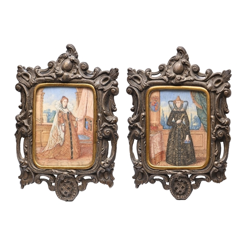 767 - 19th century School - Portrait Miniatures of Mary Queen of Scots and Marie de Medici, a pair, ivory,... 