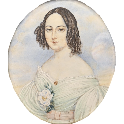 770 - French School, 19th century - Portrait Miniature of a Young Woman, in white dress with flower corsag... 