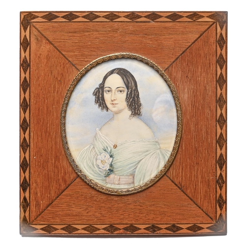 770 - French School, 19th century - Portrait Miniature of a Young Woman, in white dress with flower corsag... 