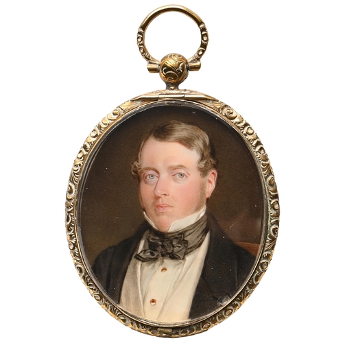 771 - English School, 19th century - Portrait Miniature of a Gentleman, in black stock and coat, ivory, ov... 