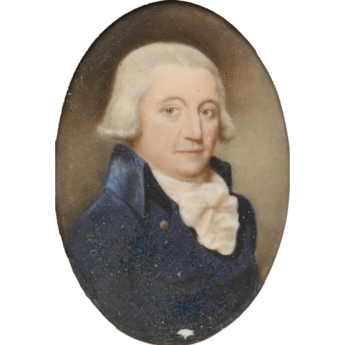 778 - English School, late 18th century - Portrait Miniature of a Gentleman, in white stock and navy coat,... 