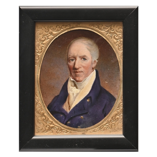 781 - John Simpson (1811-after 1871) - Portrait Miniature of a Gentleman, in a white stock, primrose waist... 