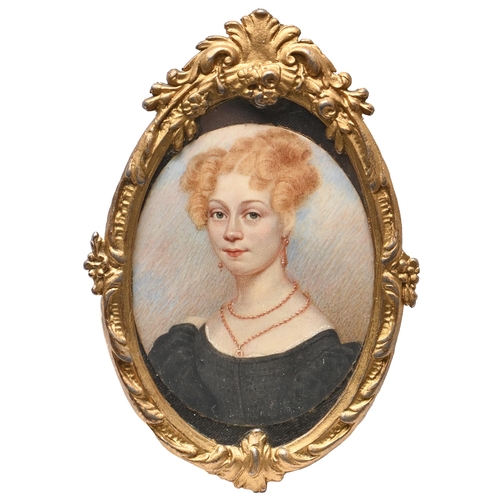 782 - English School, 19th century - Portrait Miniature of a Young Woman, in a black dress and coral jewel... 