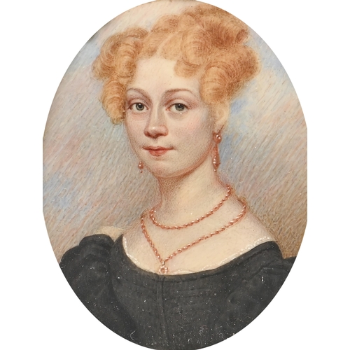 782 - English School, 19th century - Portrait Miniature of a Young Woman, in a black dress and coral jewel... 