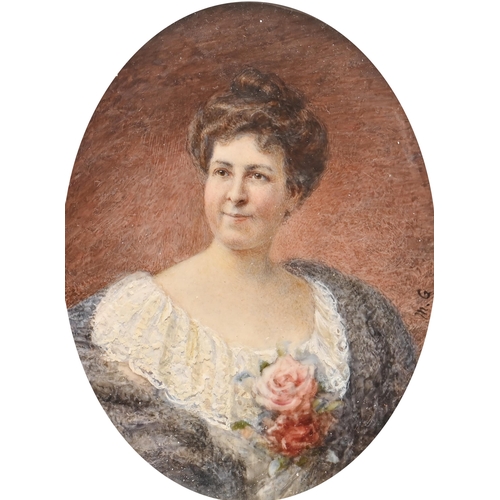 783 - English School, late 19th century - Portrait Miniature of a Lady, in a lace-trimmed dress with roses... 