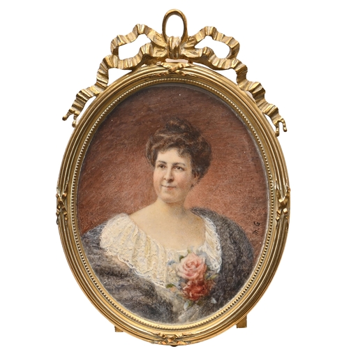 783 - English School, late 19th century - Portrait Miniature of a Lady, in a lace-trimmed dress with roses... 