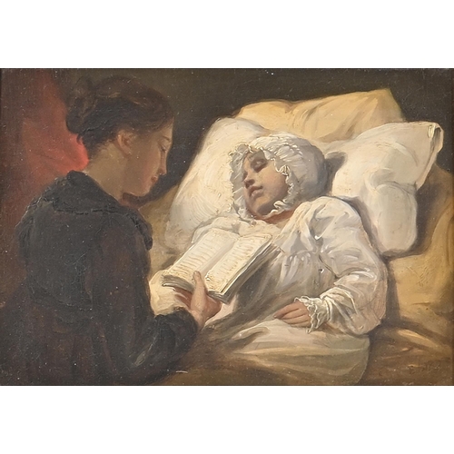 787 - Edward Bird RA (1772-1819) - A Mother Reading to a Sleeping Child, signed, oil on panel, 12.5cm x 18... 