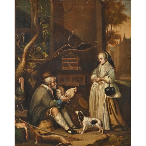 788 - 19th century copyist of Gabriel Metsu - The Poultry Seller, oil on panel, 36.5 x 30cm... 