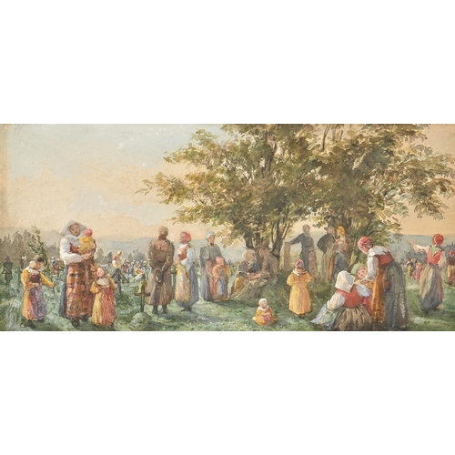 789 - English(?) School, 19th century - A Crowded Scene at an Hungarian Cemetery, watercolour, 23 x 49.5cm... 