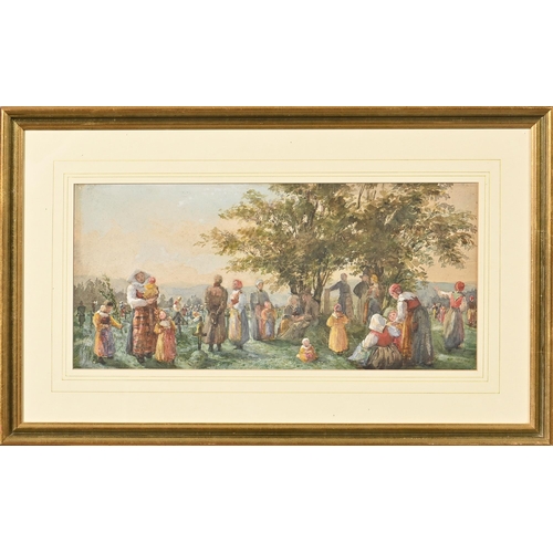 789 - English(?) School, 19th century - A Crowded Scene at an Hungarian Cemetery, watercolour, 23 x 49.5cm... 