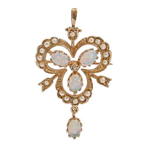 79 - An opal and split pearl brooch-pendant, in gold, 41mm h, marked 9ct, 5g