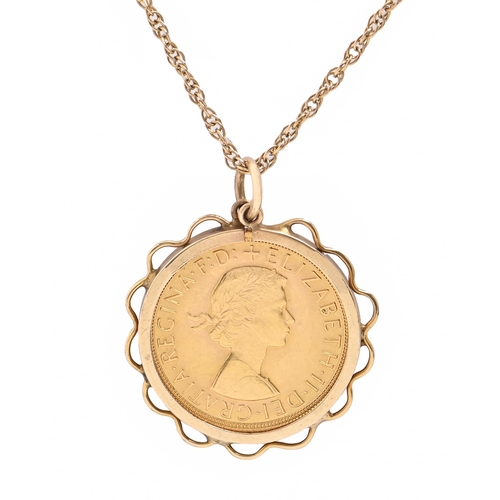 80 - Gold coin. Sovereign 1968, set in a gold pendant, on a gold chain, 12.8g