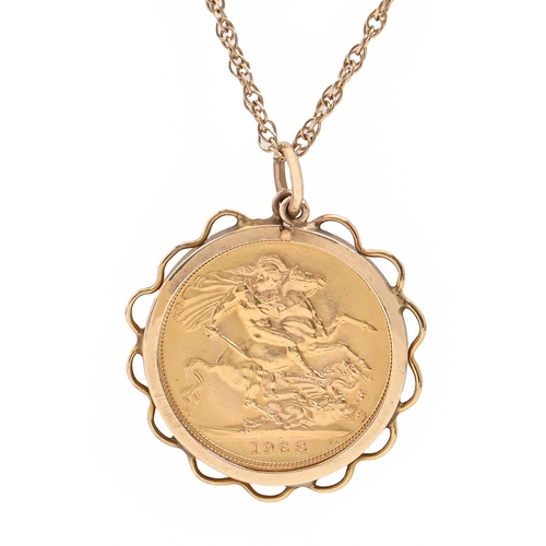 80 - Gold coin. Sovereign 1968, set in a gold pendant, on a gold chain, 12.8g