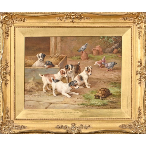 800 - Edgar Hunt (1876-1953) – Puppies in a Farmyard with a Tortoise, signed and dated 1934, oil on ... 