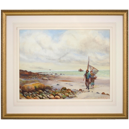 802 - George Herbert Hughes (b.1863) - Fisherman and Fishwife on a Beach, signed, watercolour, 34 x 48cm... 