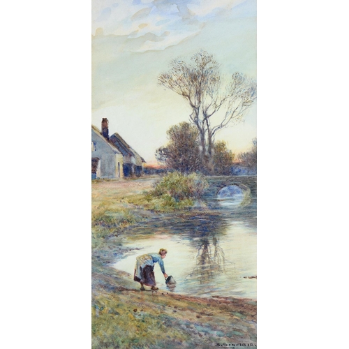 805 - S Sinclair (c1900) - Fetching Water, signed, watercolour, 34.5 x 17cm