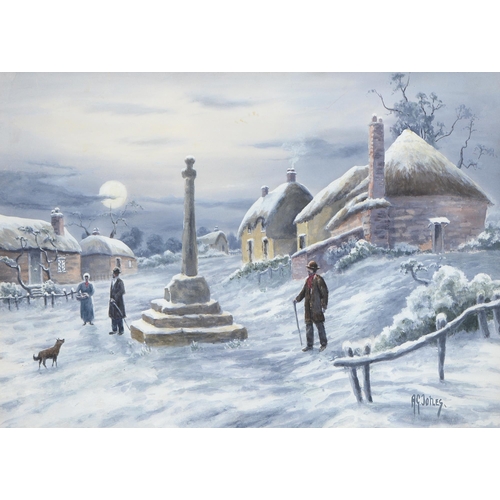 809 - A G Jones, early 20th century - Winter Scene with Village Cross, signed, watercolour, 34 x 48cm... 