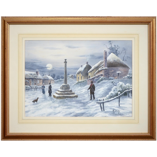 809 - A G Jones, early 20th century - Winter Scene with Village Cross, signed, watercolour, 34 x 48cm... 