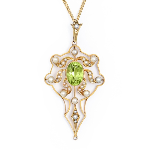 82 - An Edwardian peridot and split pearl openwork pendant, in gold, 46mm h, marked 15ct and a later 9ct ... 