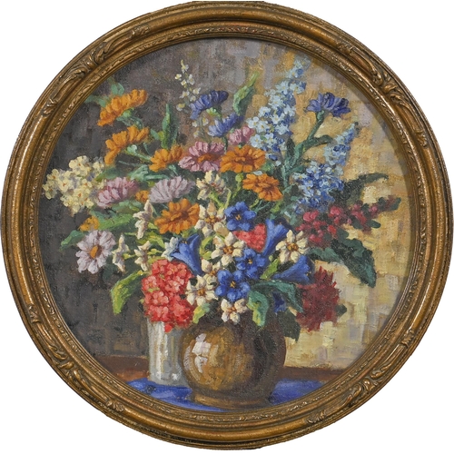 828 - Circle of Herbert Davis Richter (1874-1955) - Flowerpiece, oil on canvas, laid on board, 39cm diam... 