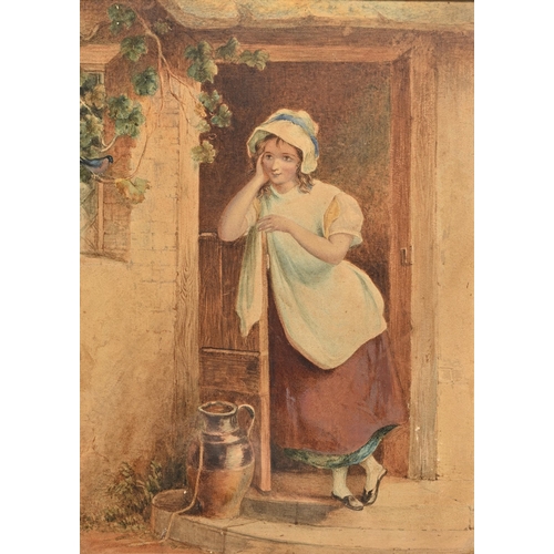 834 - Joshua Cristall (1767-1847) - A Young Girl Leaning on a Stable Door gazing at a Bird, 41 x 29cm, ros... 