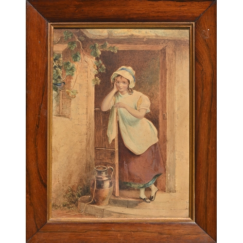 834 - Joshua Cristall (1767-1847) - A Young Girl Leaning on a Stable Door gazing at a Bird, 41 x 29cm, ros... 