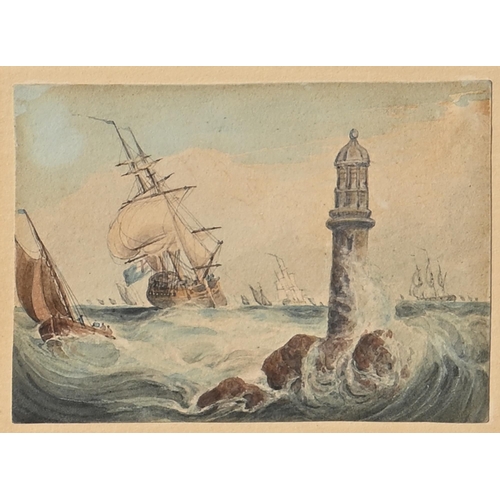 836 - Samuel Owen (1769-1857) - Fishing Smack off a Southern Port; Near a Lighthouse, two, watercolour, 16... 