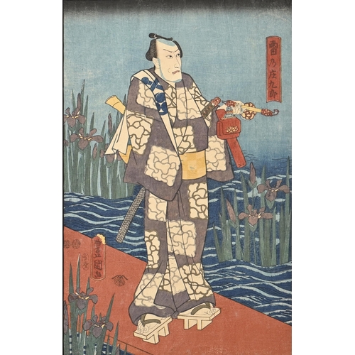 843 - Toyokuni III (1786 - 1864) - A Kabuki Actor, standing in a garden of iris flowers, signed and inscri... 