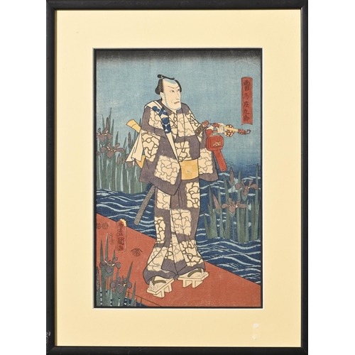 843 - Toyokuni III (1786 - 1864) - A Kabuki Actor, standing in a garden of iris flowers, signed and inscri... 