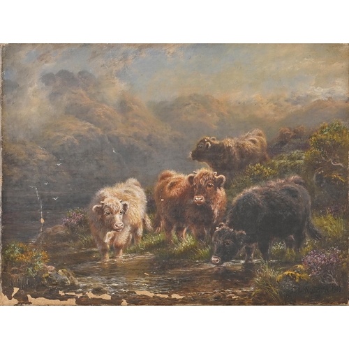 851 - Charles Edward Watson, early-mid 20th c - Highland Cattle Watering, signed and dated 1943, oil on ca... 