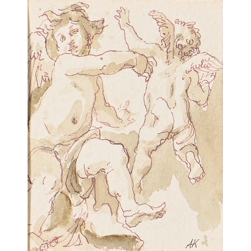 853 - After an Italian Old Master - Amorini, monogrammed AK, red ink and wash on paper, 12.5 x 10cm... 