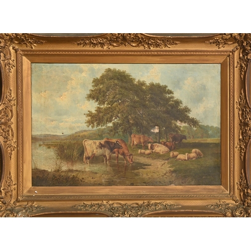 857 - Samuel Joseph Clark (1834-1912) - Cattle Watering and Sheep Grazing, signed, oil on canvas, 51 x 77c... 