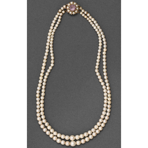 88 - A cultured pearl necklace, of two strands of 4-7mm cultured pearls, with pearl and amethyst clasp, i... 