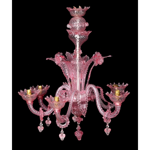 882 - A Venetian pink glass chandelier, first half 20th c, of six lights, 80cm h