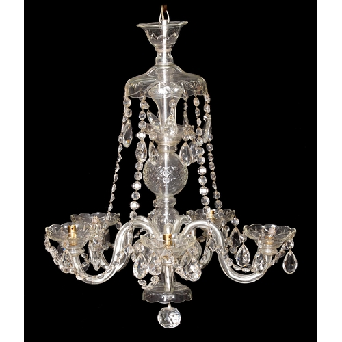 884 - A cut glass chandelier, 20th c, of five lights, on S scroll branches with faceted glass festoons and... 