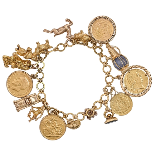 89 - A gold charm bracelet, with various gold charms and six gold coins comprising Sovereigns (3), Louis ... 