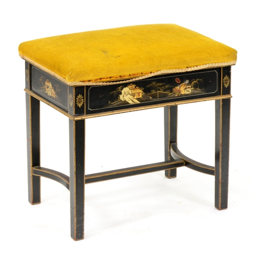 942 - A japanned music stool, c1920, decorated with chinoiseries, 53cm h